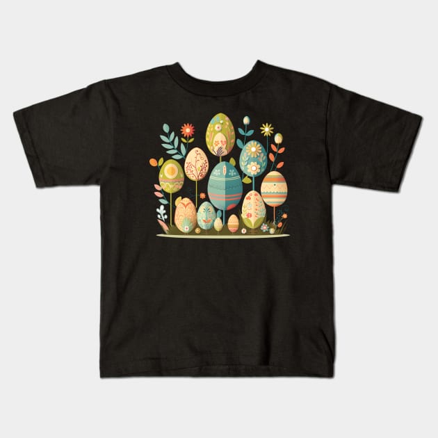 Cute Floral Vintage Painted Egg Easter Kids T-Shirt by Ai Wanderer